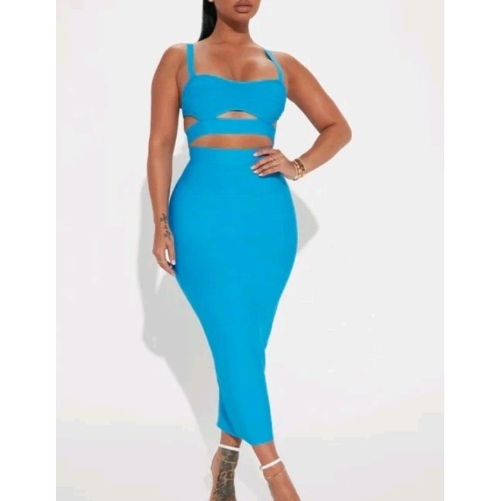 Fashion Nova Breaking Habits Bandage Skirt Set M Aqua Blue 2 Piece Bodycon NWT